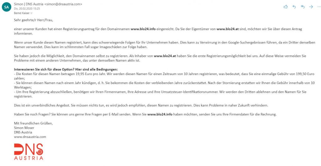 Warnung vor E-Mails von DNS Austria