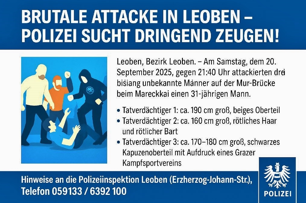 Zeugenaufruf - Brutale Attacke in Leoben