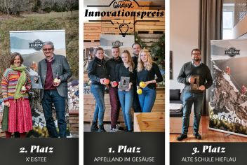 Die Gewinner des 2. Gesäuse Innovationspreis 2020 1. Platz: „Apfelland im Gesäuse“, Genussmosthof Veitlbauer, v.l.n.r. Susanne, Florian, Anna, Christian und Julia Weissensteiner 2. Platz: „X’eistee Bio“, Kräuterbergbauer Stangl, Sandra und Gerhard Stangl 3. Platz: „NaturparkResort Alte Schule Hieflau“, Landl Infrastruktur Entwicklungs KG, Andreas Danner