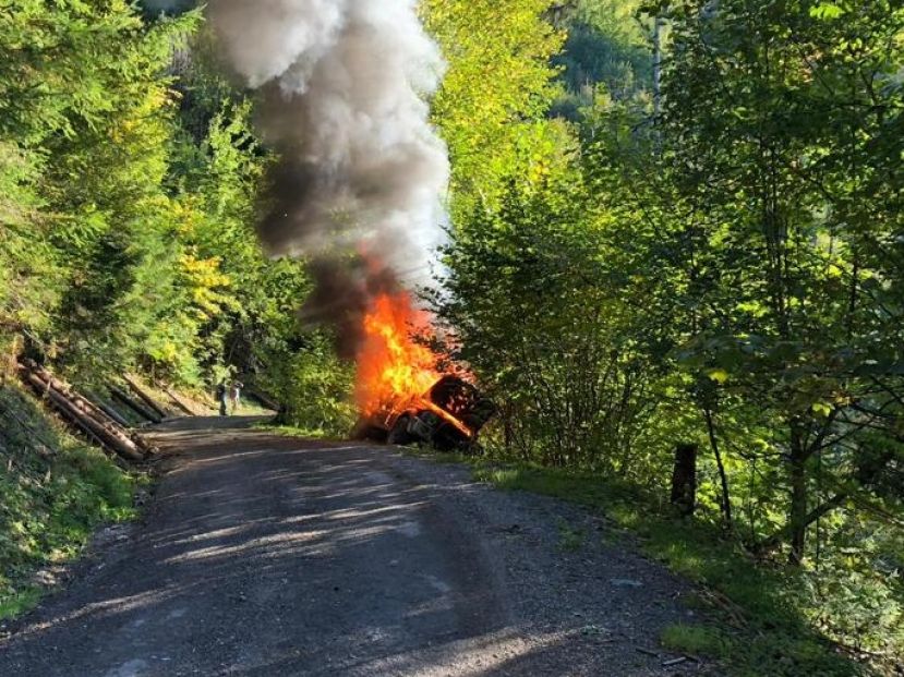 PKW Brand auf Forststrasse