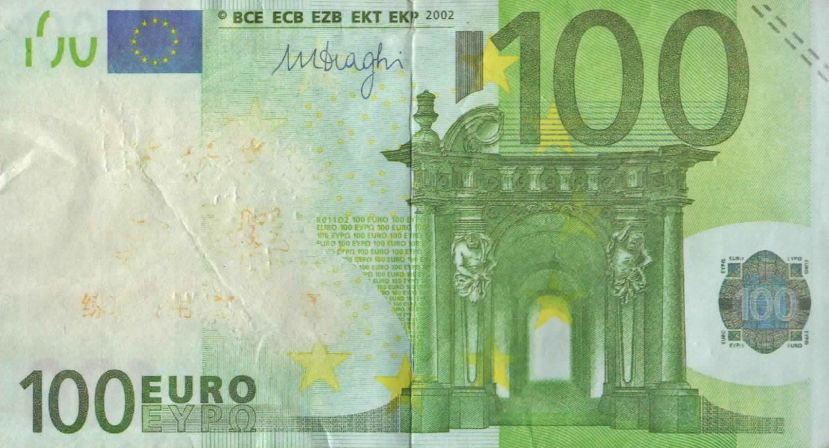 Eine aktuelle 100 Euro Fälschung ohne Wasserzeichen und Hologramm