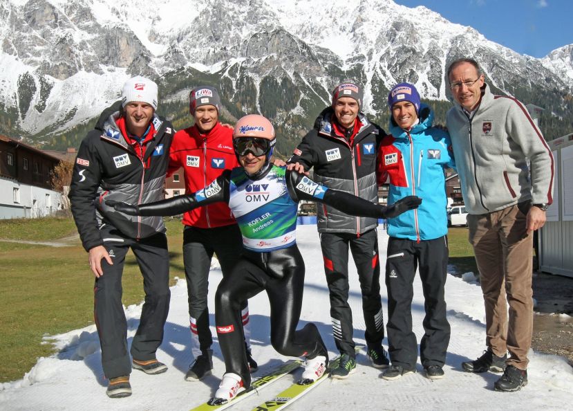 ÖSV Cheftrainer Heinz Kuttin, Daniel Huber, Andreas Kofler, Manuel Poppinger, Stefan Kraft und Alois Stadlober