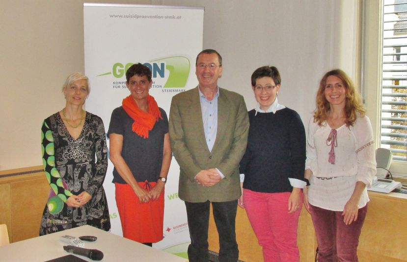 MMag.a Dr.in Verena Leutgeb, Projektleitung GO-ON Suizidprävention Steiermark Doris Landl-Tornow, MSc, Regionalleitung Psychosoziales Netzwerk Liezen Hofrat Mag. Dr. Josef Dick, Bezirkshauptmann Liezen Mag.a Rosemarie Mayerdorfer, Leitung GO-ON Regionalteam Liezen-Ost Mag.a Christina Dimitra Michou, GO-ON Regionalteam Liezen-Ost