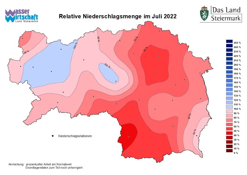 •	Grafik Niederschlagsmengen: Trockener Juli - in weiten Teilen der Steiermark blieben die Niederschlagsmengen im Juli unter dem langjährigen Durchschnitt