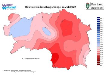 •	Grafik Niederschlagsmengen: Trockener Juli - in weiten Teilen der Steiermark blieben die Niederschlagsmengen im Juli unter dem langjährigen Durchschnitt
