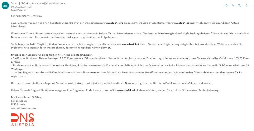 E-Mail von DSN-Austria an BLO24.at