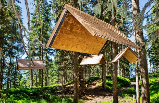 Kunstprojekt am Rittisberg: vergoldete Schindeldächer von Cornelia Konrads.