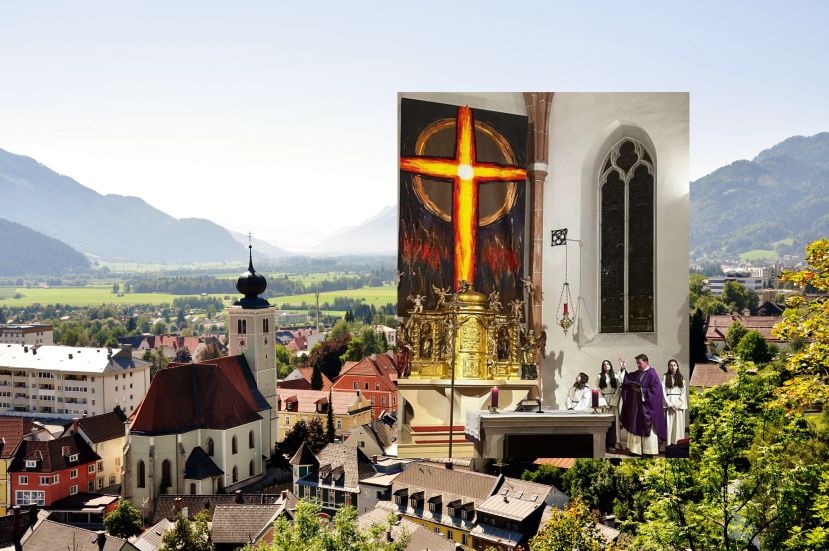 Monumentales Fastentuch verhüllt Hochaltarbild