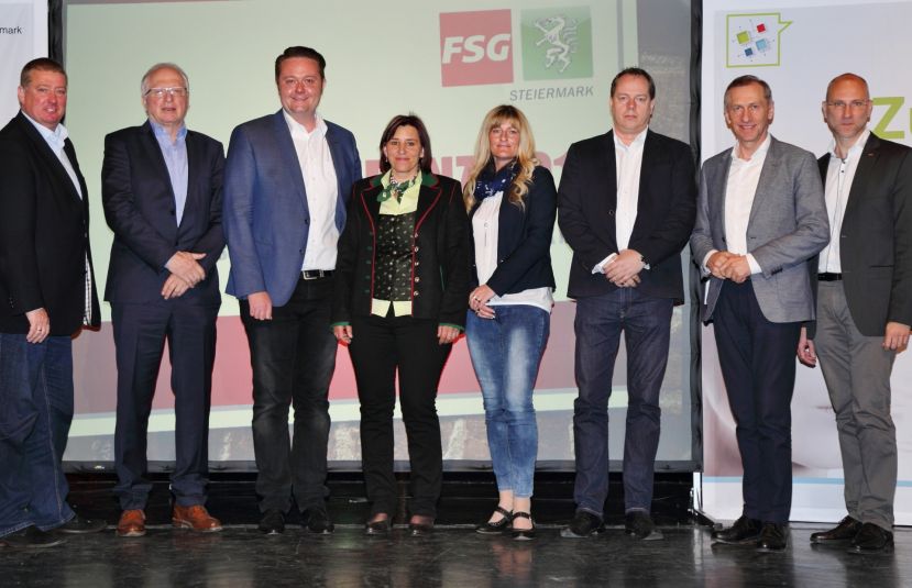 FSG-Landesvorsitzender LAbg. Klaus Zenz, Bgm. Mag. Rudolf Hakel, FSG-Regionalsekretär Mario Lindner, FSG-Vorsitzende Elvira Eisner, FSG-Vorsitzende-Stv. Manuela Dechler, FSG-Vorsitzender-Stv Roland Krainer, AK-Präsident Josef Pesserl, FSG-Landessekretär Wolfgang Waxenegger.