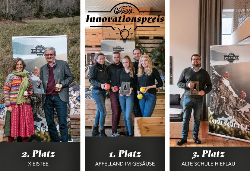 Die Preisträger von 2020 (v.l.n.r. 2. Platz: Sandra und Gerhard Stangl, Kräuterbergbauer; 1. Platz Familie Weissensteiner vlg. Veitlbauer; 3. Platz Andreas Danner, GF Landl KG ©