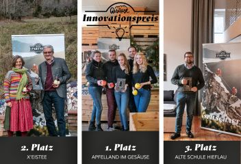 Die Preisträger von 2020 (v.l.n.r. 2. Platz: Sandra und Gerhard Stangl, Kräuterbergbauer; 1. Platz Familie Weissensteiner vlg. Veitlbauer; 3. Platz Andreas Danner, GF Landl KG ©