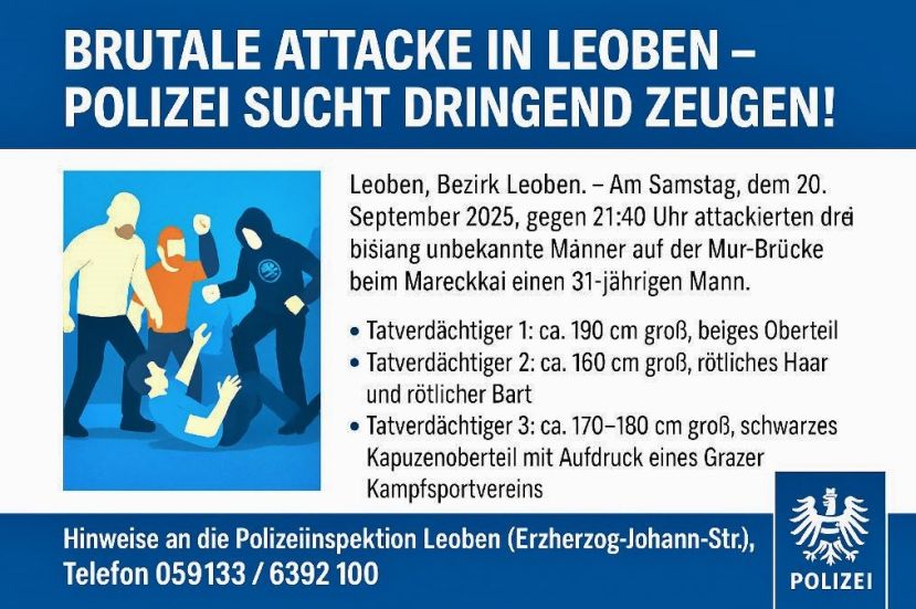 Zeugenaufruf - Brutale Attacke in Leoben