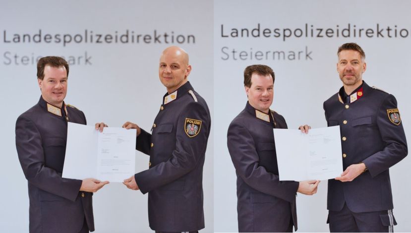 Wolfgang Danklmaier und Jochen Wimberger mit Landespolizeidirektor Gerald Ortner 