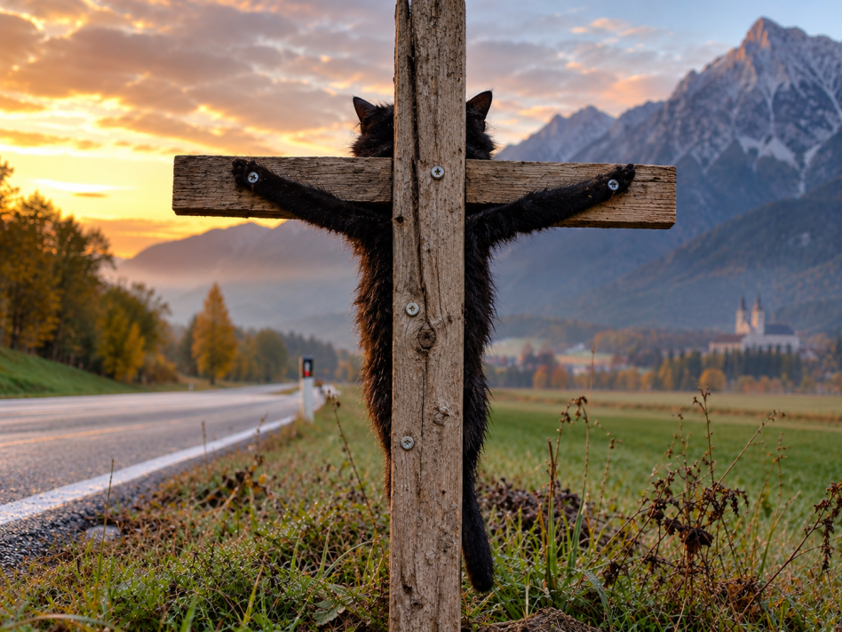Katze erschossen und an Kreuz geschraubt